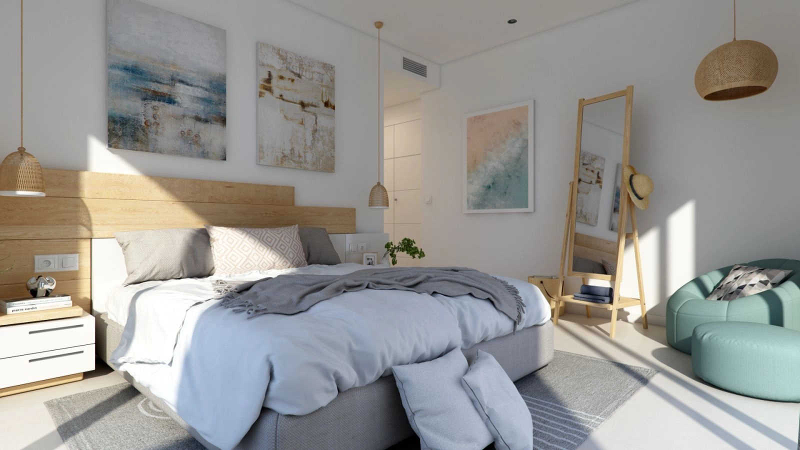 Un tranquilo dormitorio principal que ofrece un santuario personal para el descanso y la relajación.