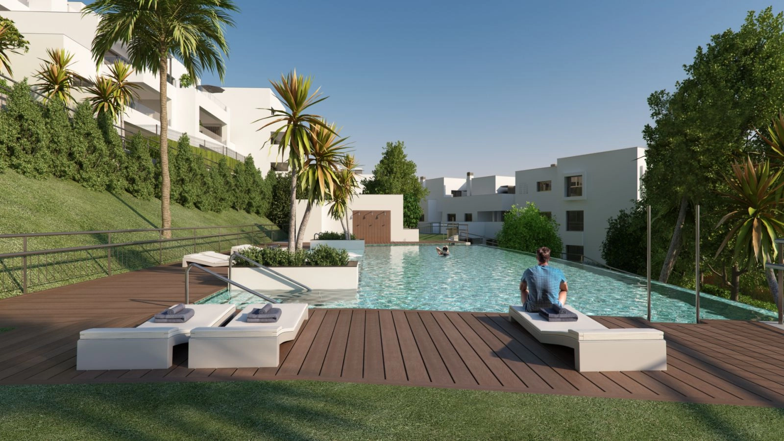Las zonas comunes de estilo resort ofrecen un escape perfecto para relajarse bajo el cálido sol mediterráneo.