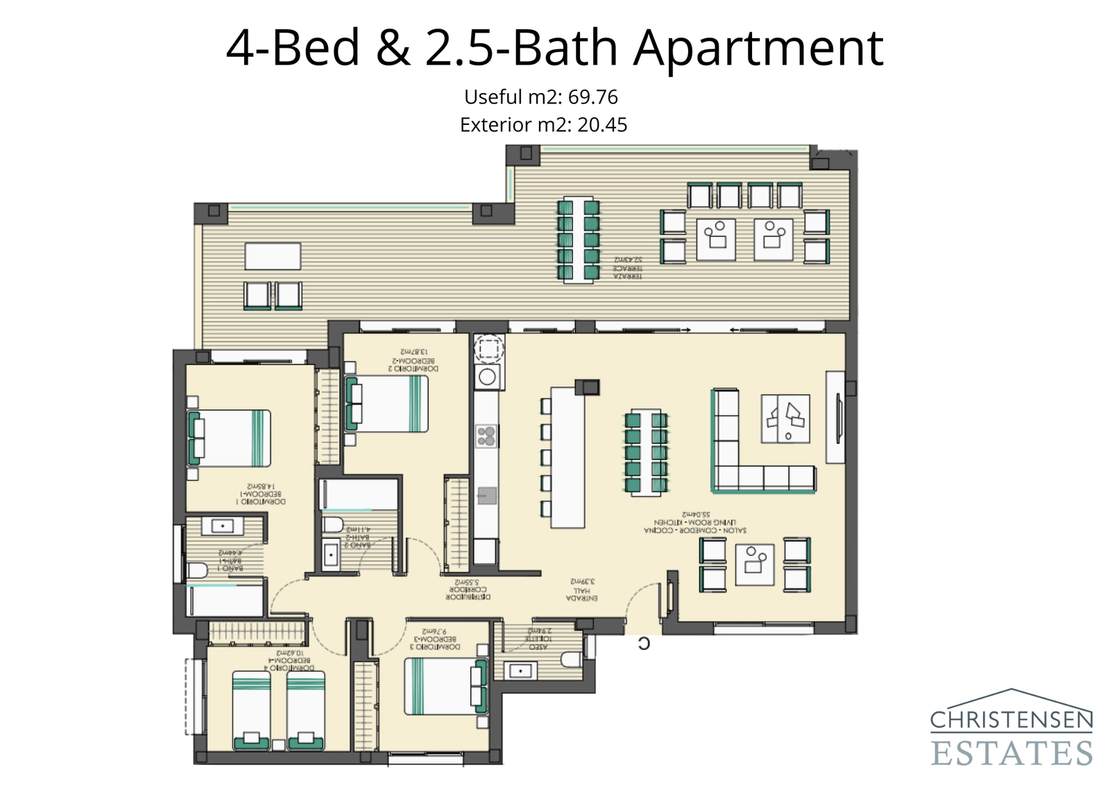 Un plano de piso de apartamento de cuatro dormitorios, diseñado para familias más grandes, con un amplio espacio habitable y una gran terraza para disfrutar de las vistas.