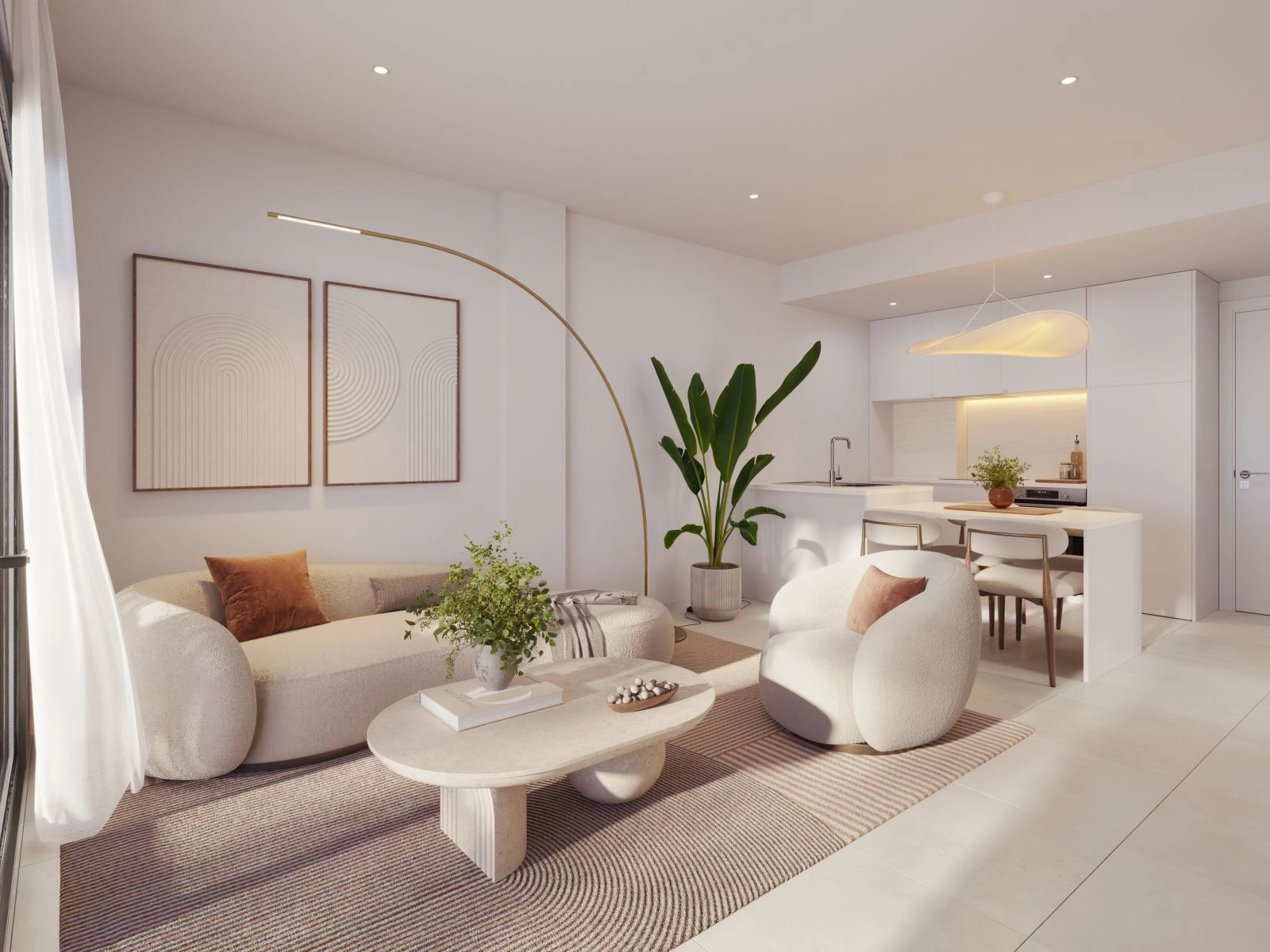 Luminosas zonas de estar de planta abierta están diseñadas para conectar a la perfección con las terrazas exteriores.