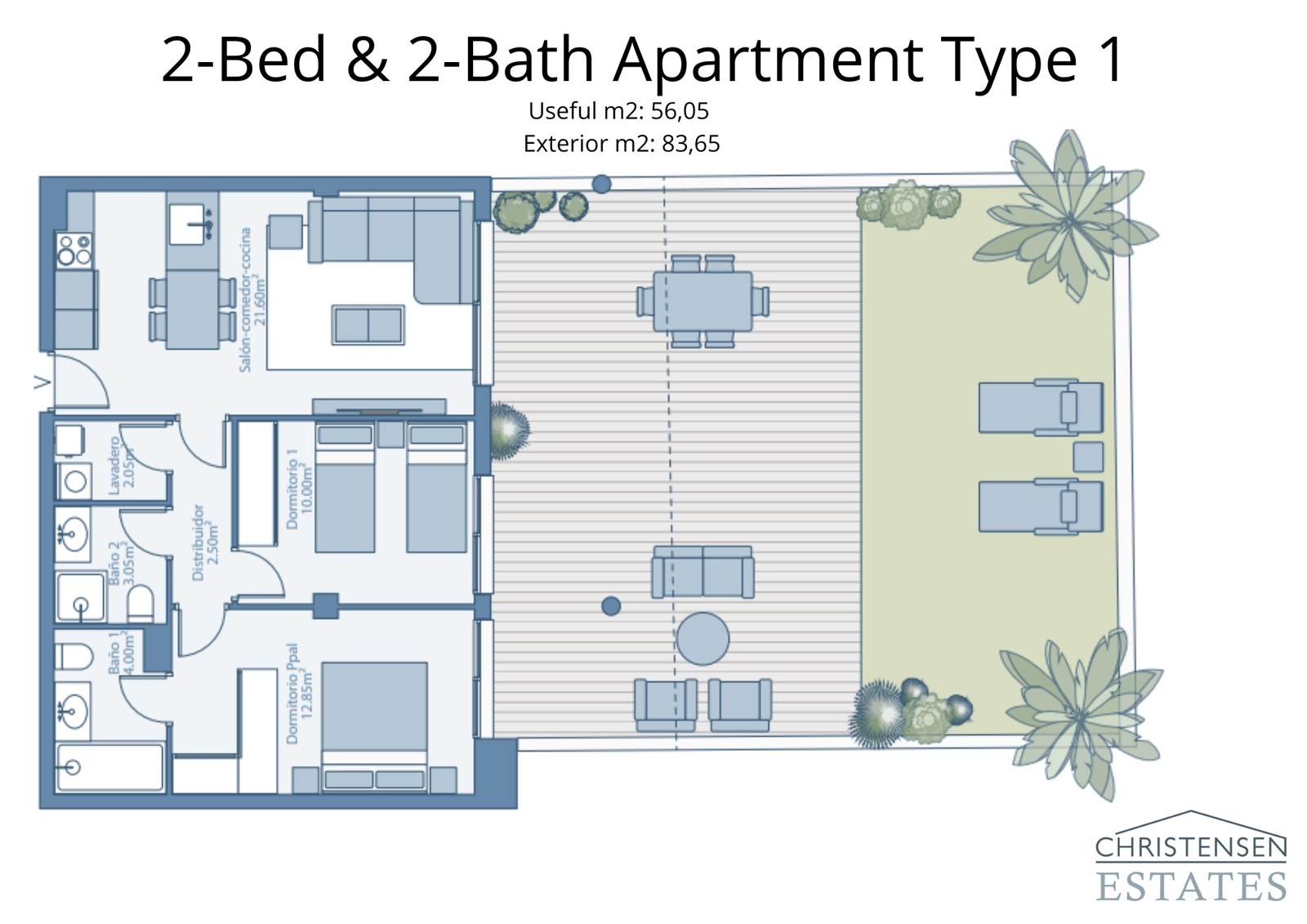 Plano de un apartamento de dos dormitorios, con una amplia terraza que extiende el espacio habitable al exterior.