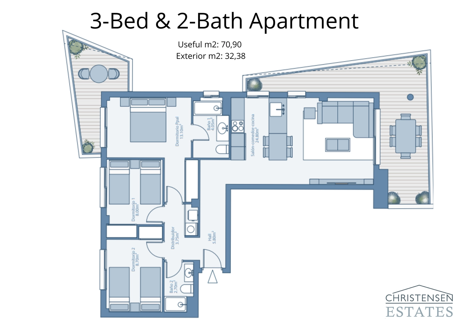 Este diseño de apartamento de tres dormitorios ofrece habitaciones de tamaño generoso y un diseño fluido, perfecto para la vida familiar.