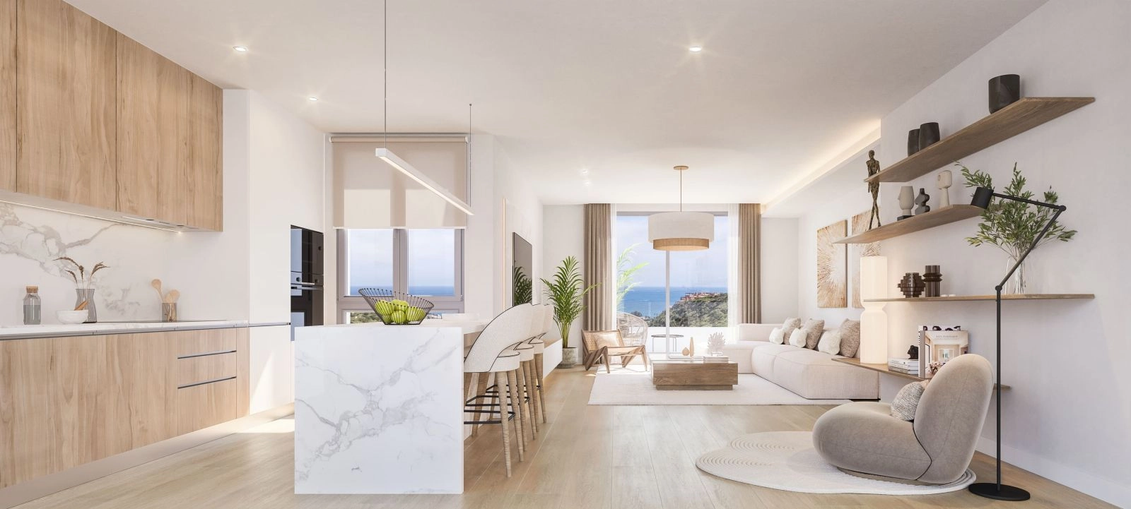 Luminosos y espaciosos salones se conectan a la perfección con el exterior, aportando luz natural y brisa marina.