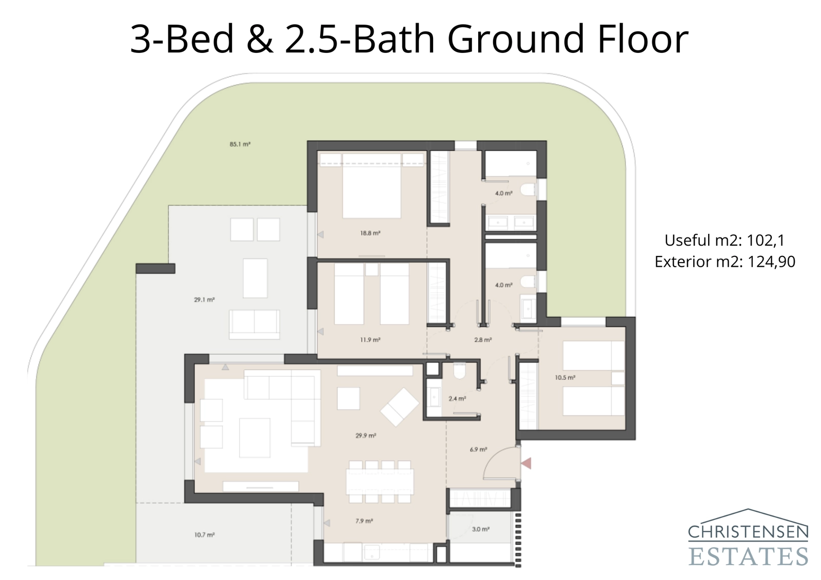 Una vivienda en planta baja de tres dormitorios que ofrece amplias zonas de estar conectadas a una gran terraza y jardín privado.