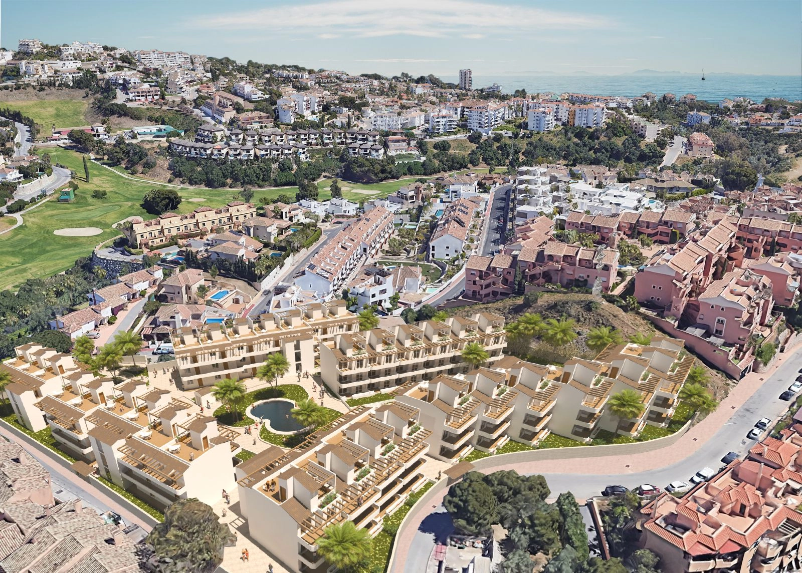 Una perspectiva aérea que muestra el complejo residencial y su ubicación privilegiada cerca del mar en la Costa del Sol.