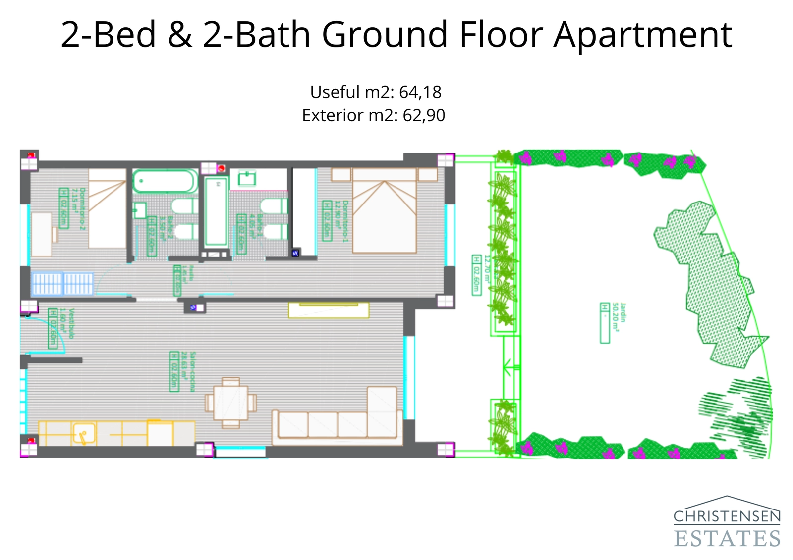 Esta distribución de piso en planta baja de dos dormitorios cuenta con un amplio jardín privado, creando una experiencia de vida interior-exterior perfecta.