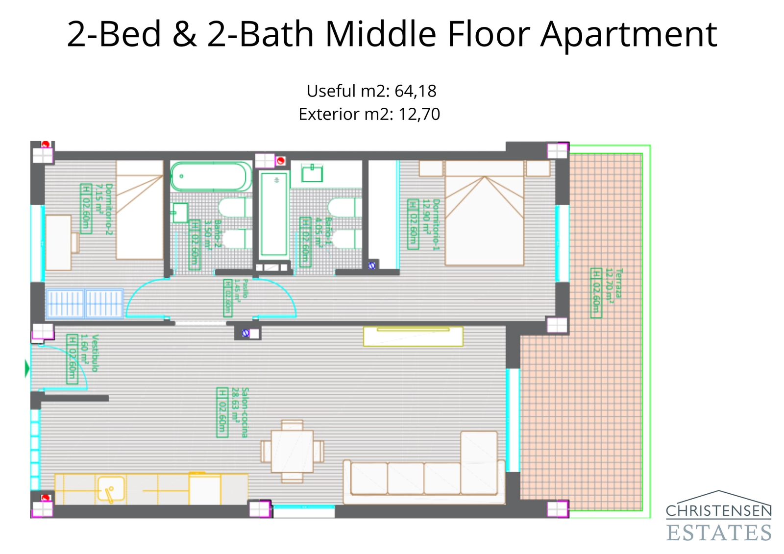 El plano del apartamento en planta intermedia ofrece una generosa terraza, ideal para disfrutar del agradable clima de la Costa del Sol.