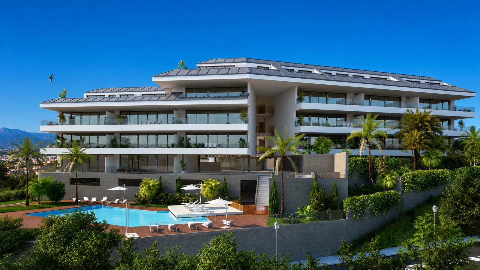 Una vista impresionante de la promoción, mostrando su arquitectura moderna y la hermosa zona de piscina comunitaria.