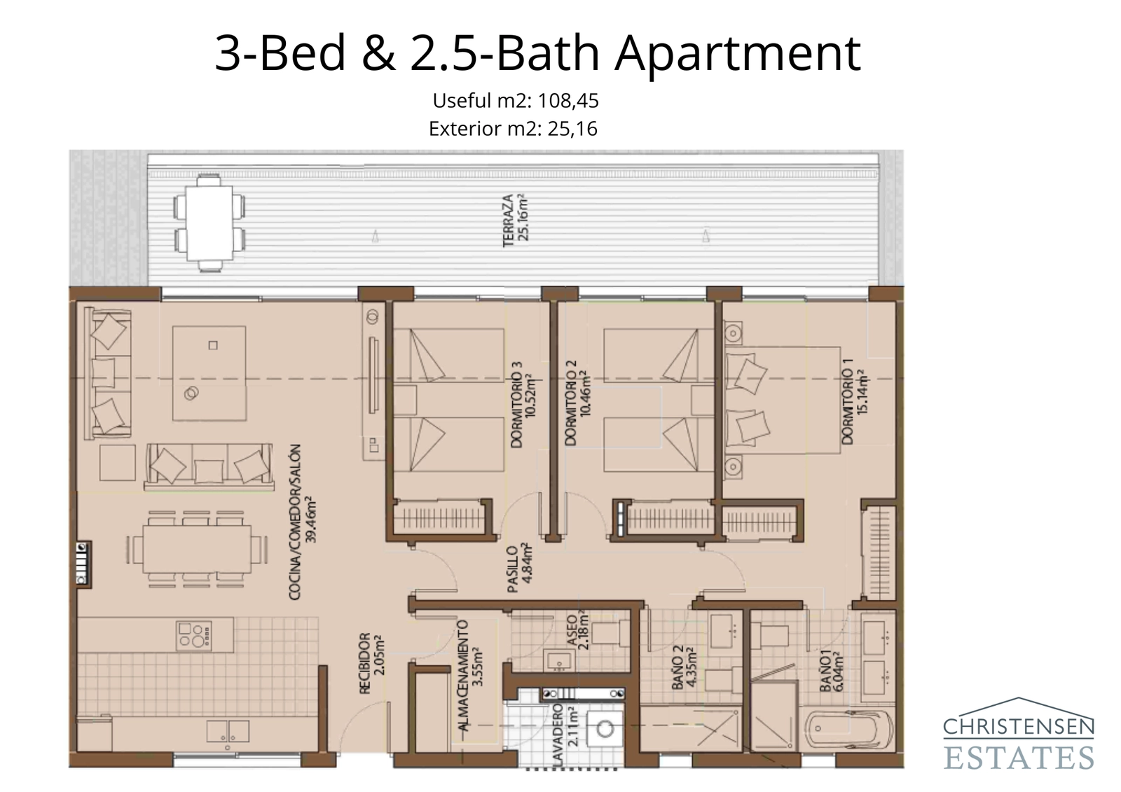 Una distribución de piso de tres dormitorios bien diseñada, que ofrece amplias habitaciones y un flujo práctico para la vida familiar.