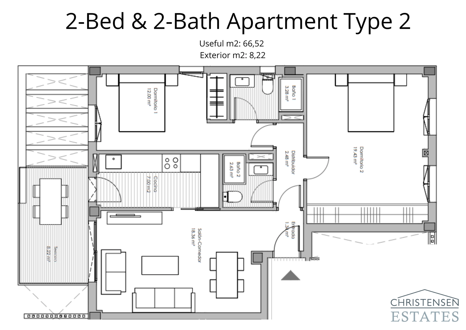 Este piso de dos dormitorios ofrece una configuración diferente con un amplio segundo dormitorio, ideal para familias o invitados.