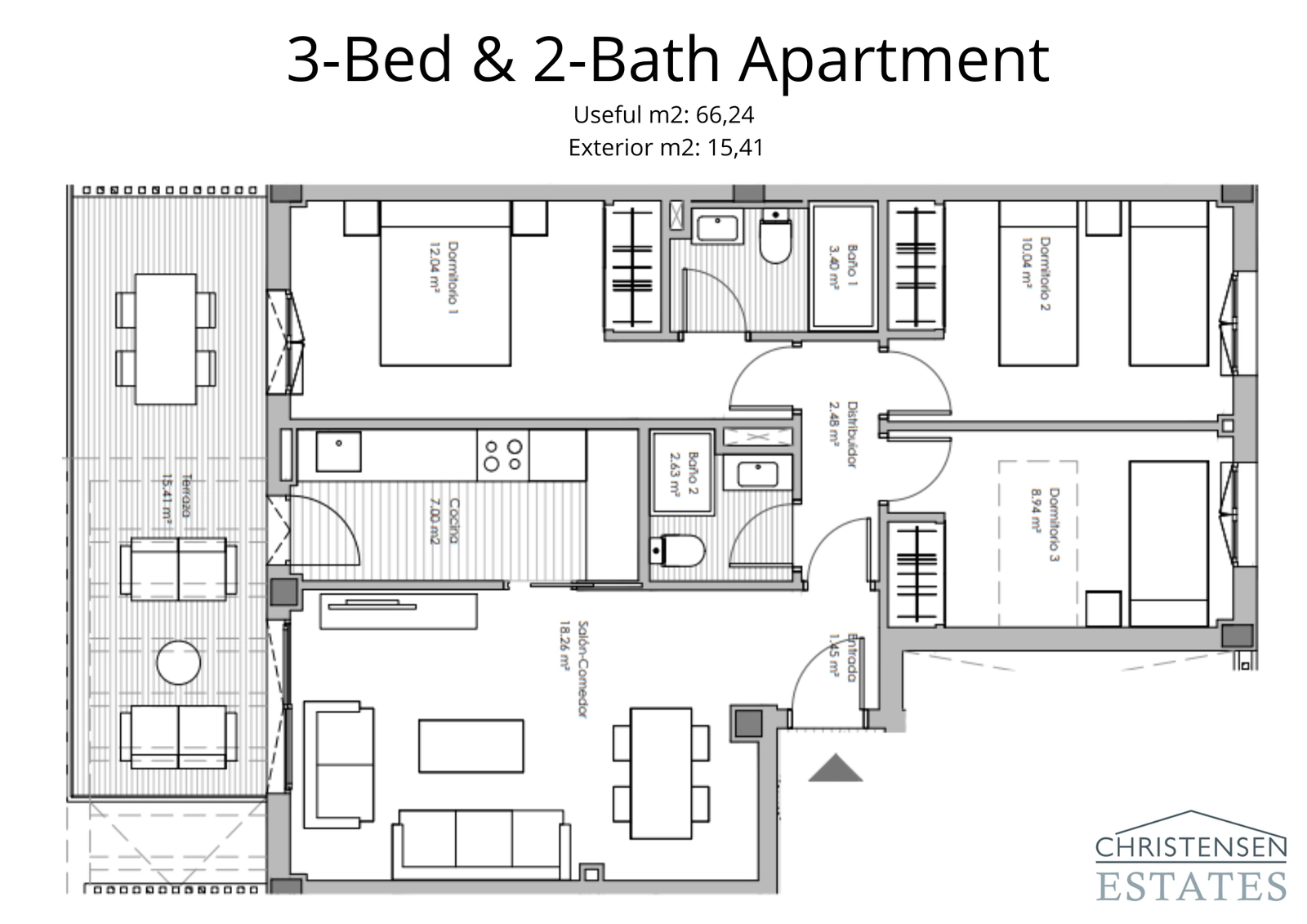 Diseño espacioso de tres dormitorios con una generosa terraza, perfecto para familias que buscan comodidad y estilo.