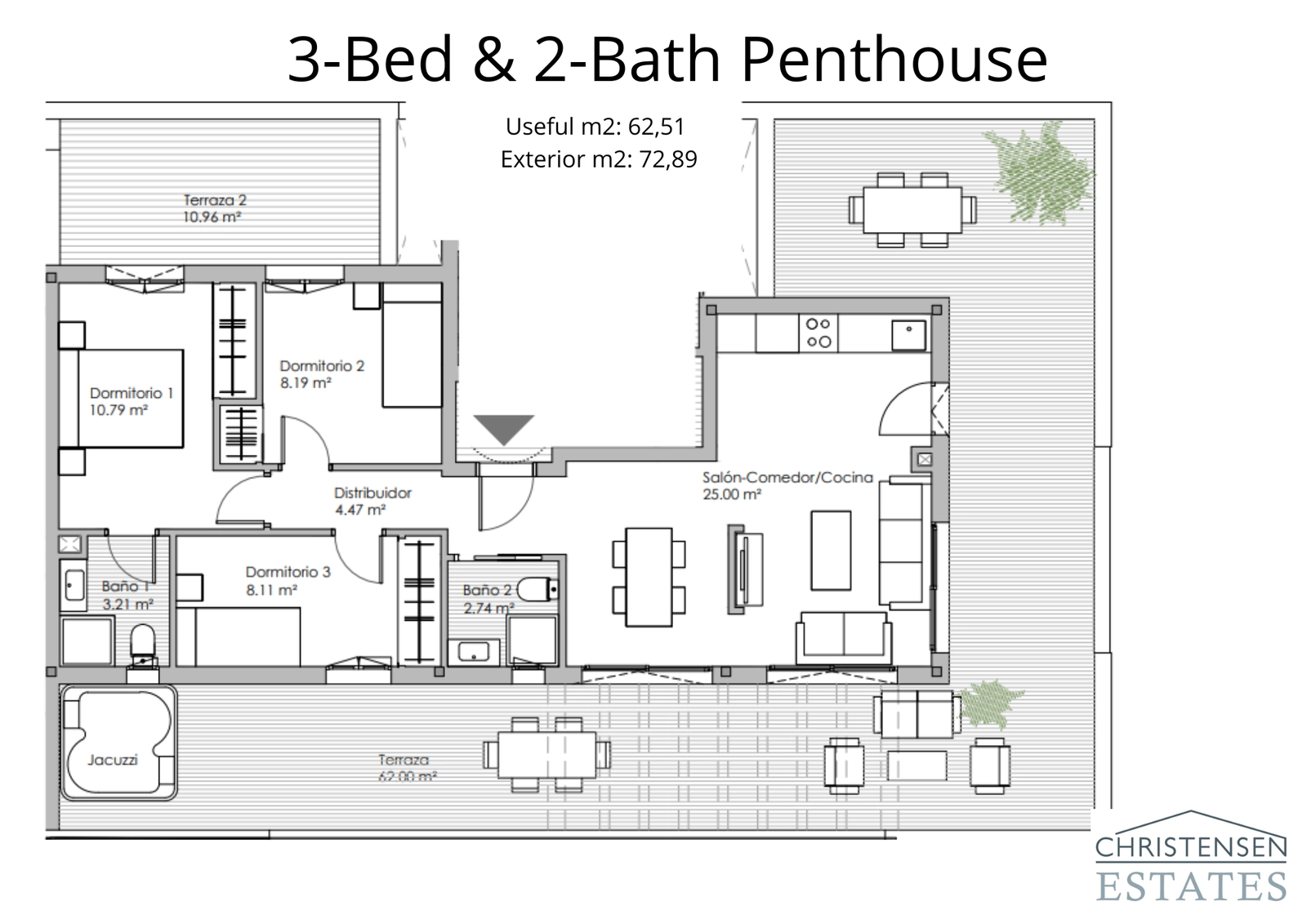 La exclusiva distribución de ático de tres dormitorios cuenta con múltiples terrazas y un amplio espacio de vida para un estilo de vida de lujo.