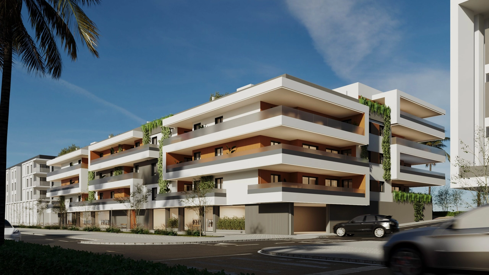 Líneas limpias y materiales naturales definen la fachada contemporánea del edificio.
