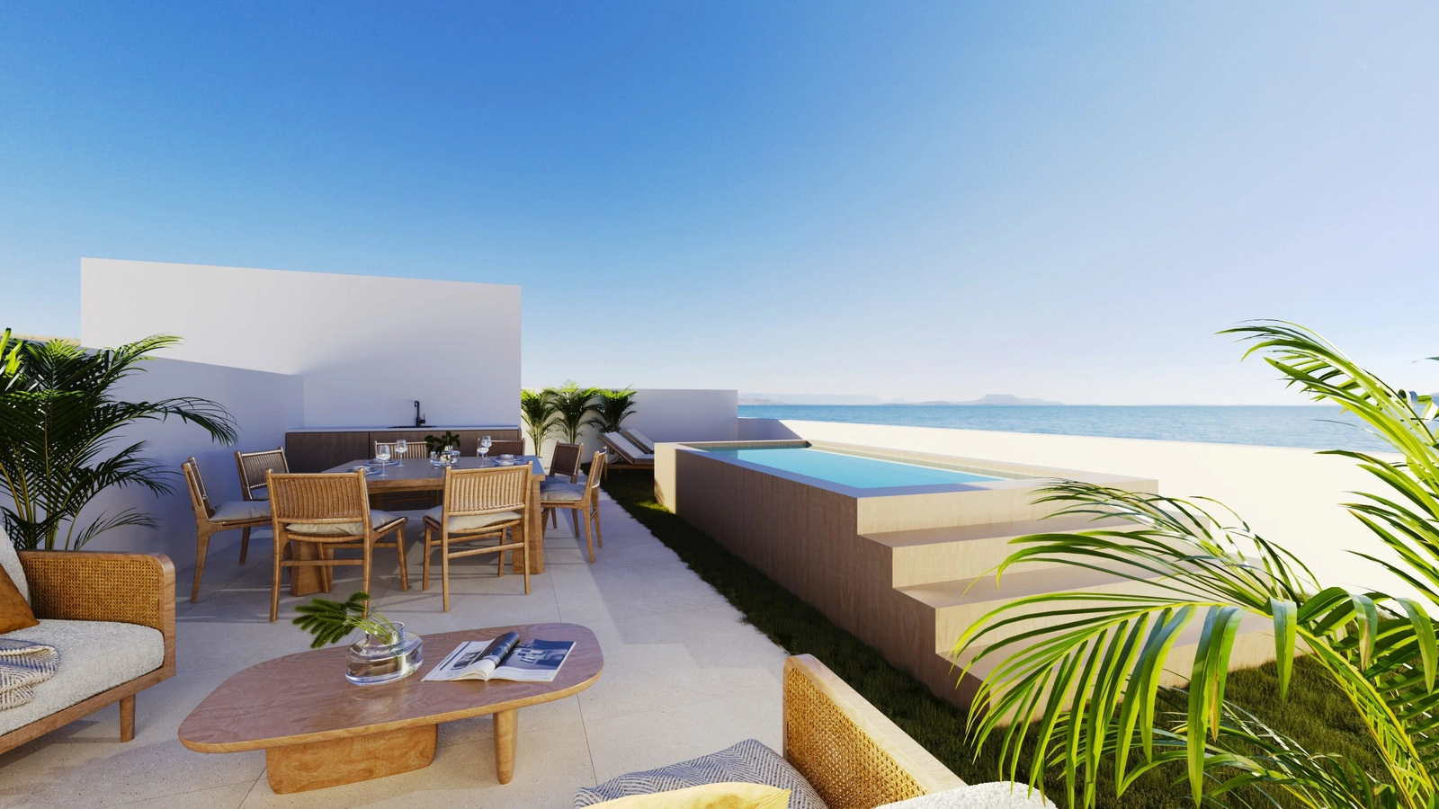 Los áticos cuentan con increíbles soláriums con piscinas privadas opcionales y vistas al mar.