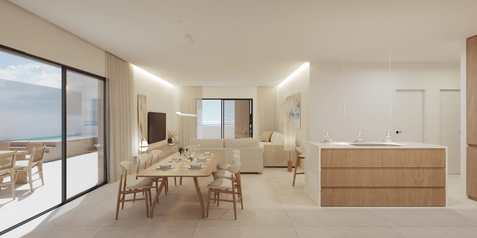 Las zonas de estar de concepto abierto crean una sensación de espacio y elegancia moderna.