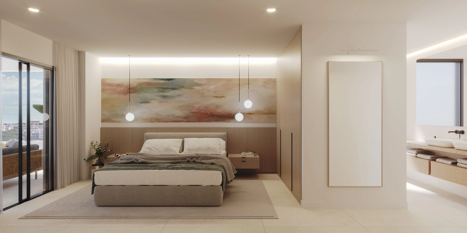 El dormitorio principal es un refugio de paz con acceso directo a la terraza y un diseño sereno.