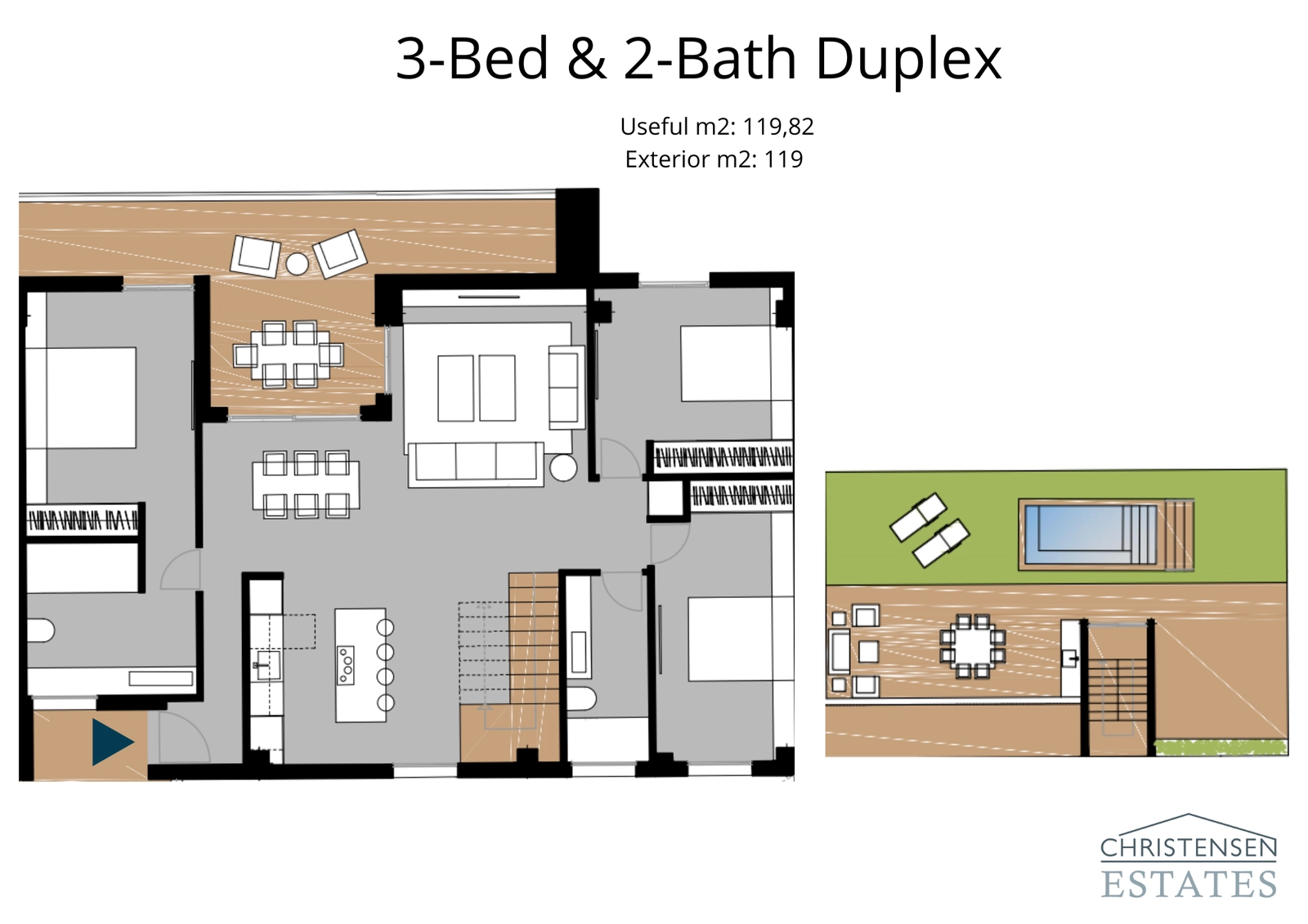 Este plano de dúplex muestra una vivienda de tres dormitorios con un amplio solárium en la azotea, perfecto para la relajación y el entretenimiento privados.