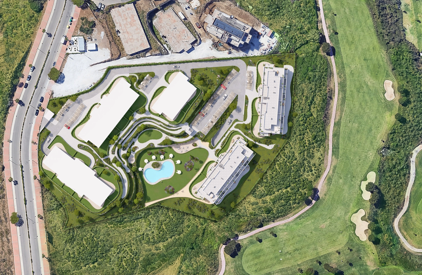 Una vista aérea de la distribución de la promoción, perfectamente integrada con el campo de golf de Calanova en la Costa del Sol.