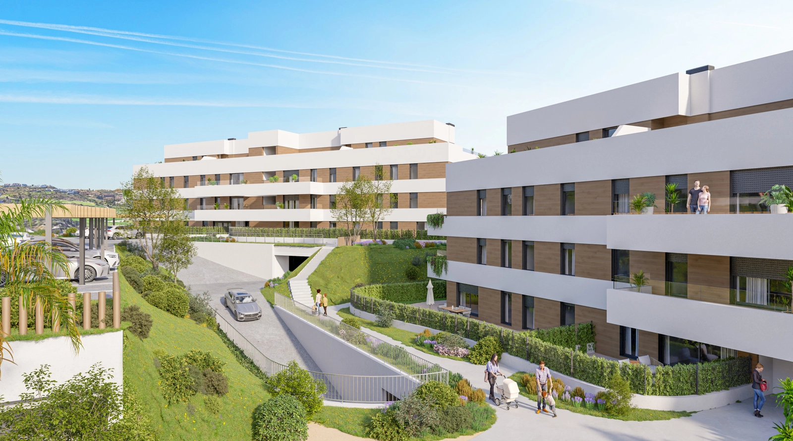 Senderos y jardines paisajísticos conectan los edificios, creando un entorno hermoso y transitable.