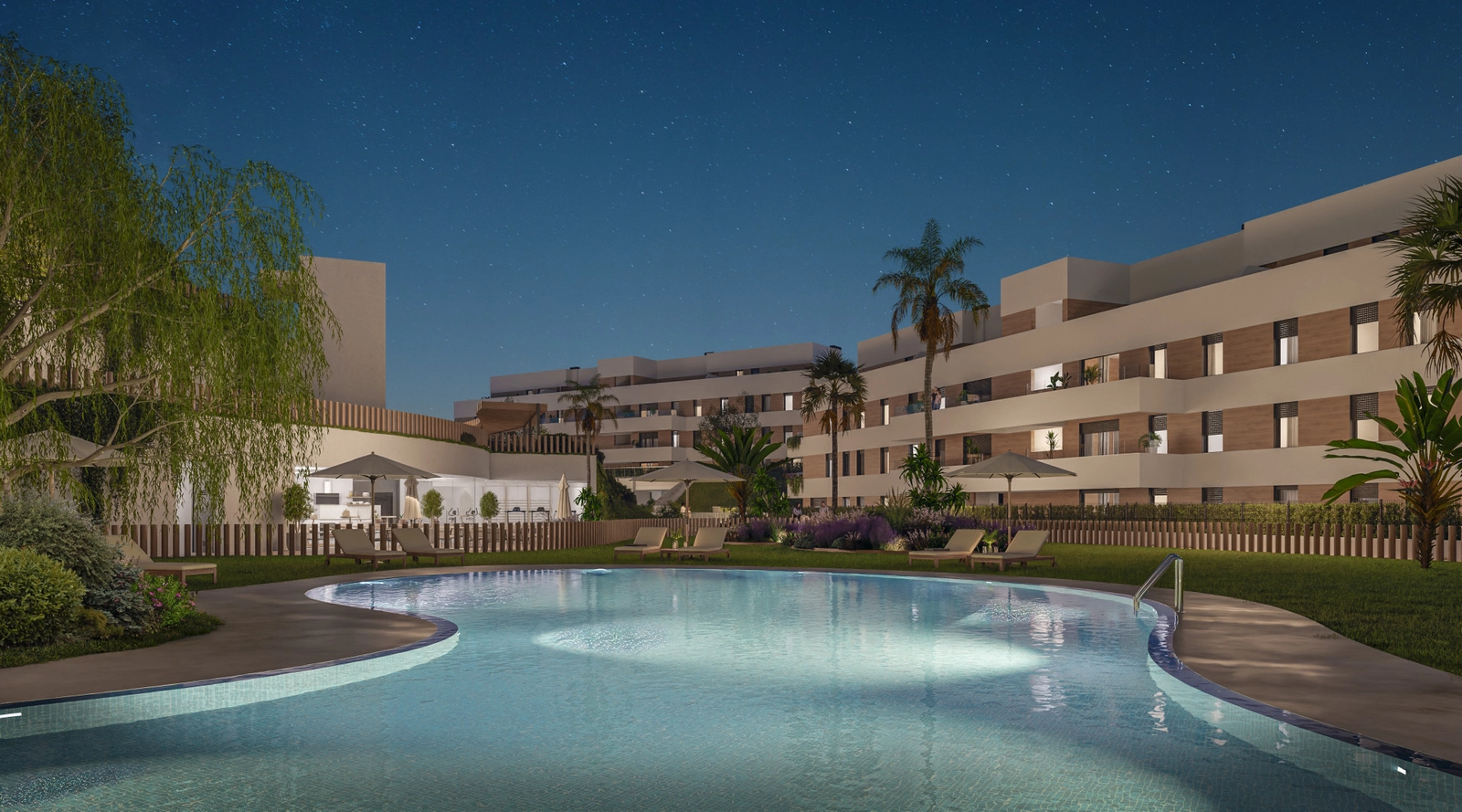 Disfrute de noches tranquilas junto a la piscina bellamente iluminada.