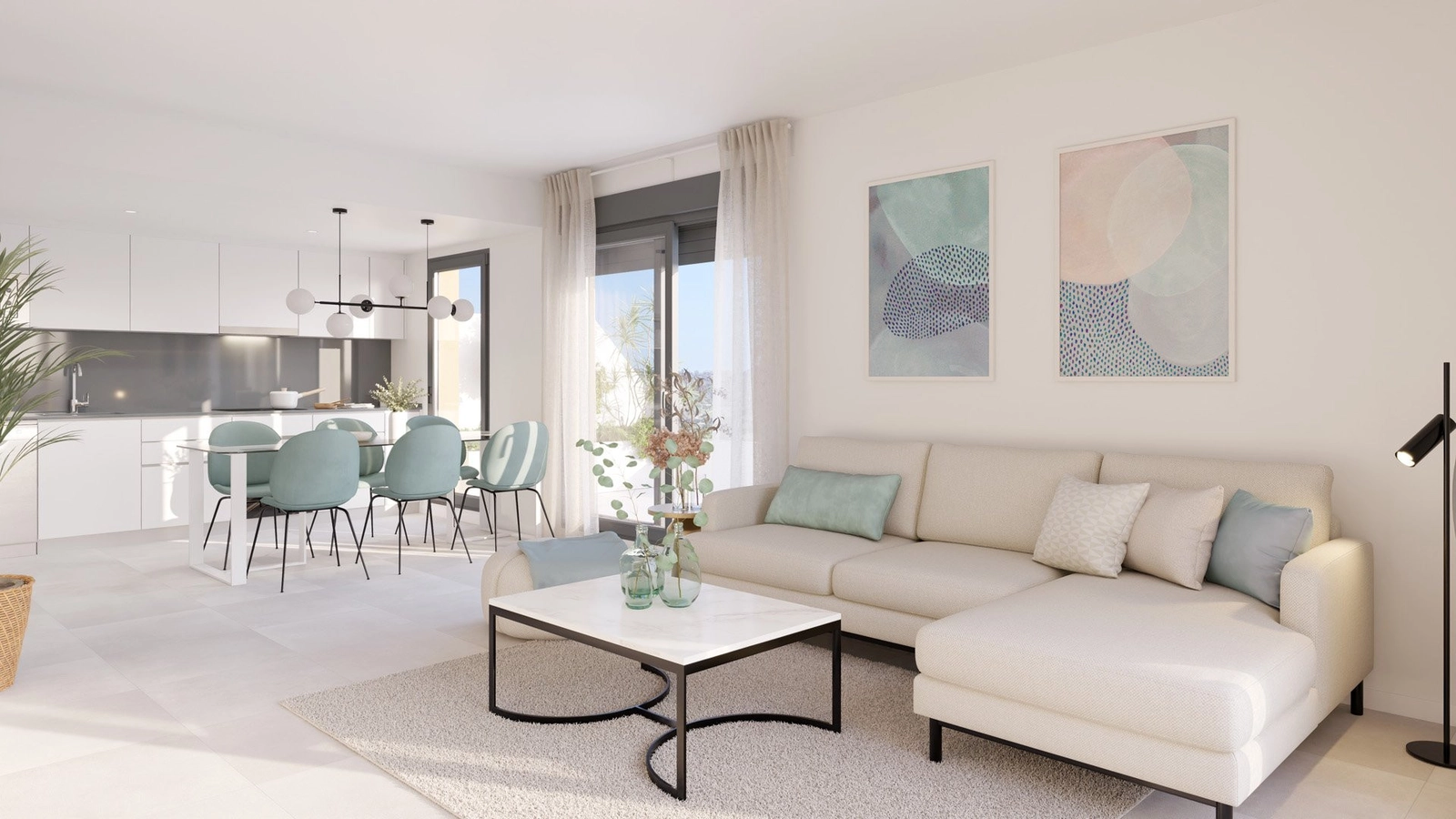 Una sala de estar y comedor de planta abierta, luminosa y espaciosa, diseñada para el confort moderno.