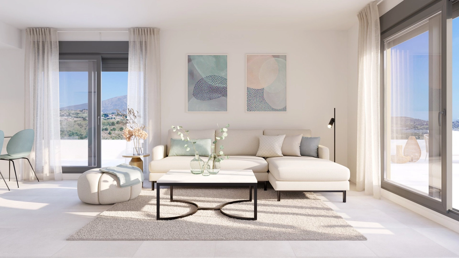 La luz del sol inunda el elegante salón, conectando a la perfección con la terraza privada.