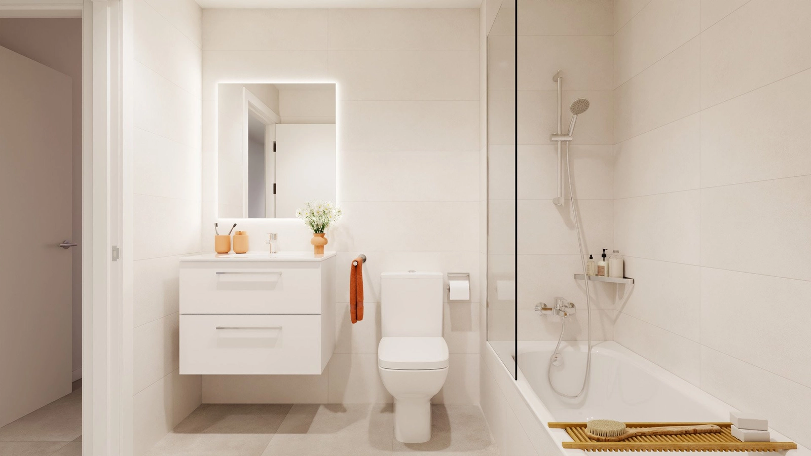 Un baño contemporáneo con líneas limpias, accesorios de calidad y una bañera de tamaño completo.