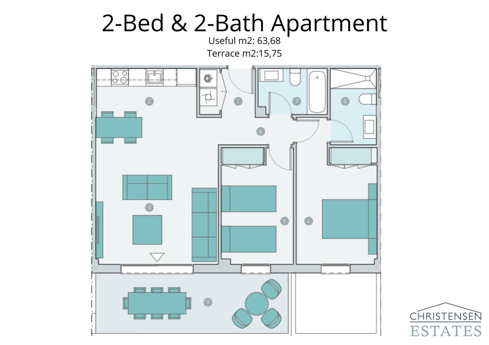 La distribución de este apartamento de dos dormitorios presenta un diseño inteligente que maximiza el espacio y la luz, con una zona de estar de planta abierta que da a una generosa terraza.