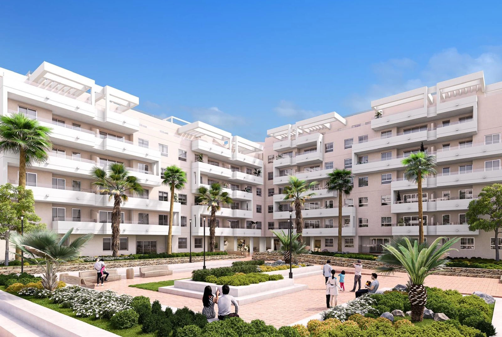 Hermosos jardines paisajísticos y plazas comunes crean un ambiente residencial sereno.