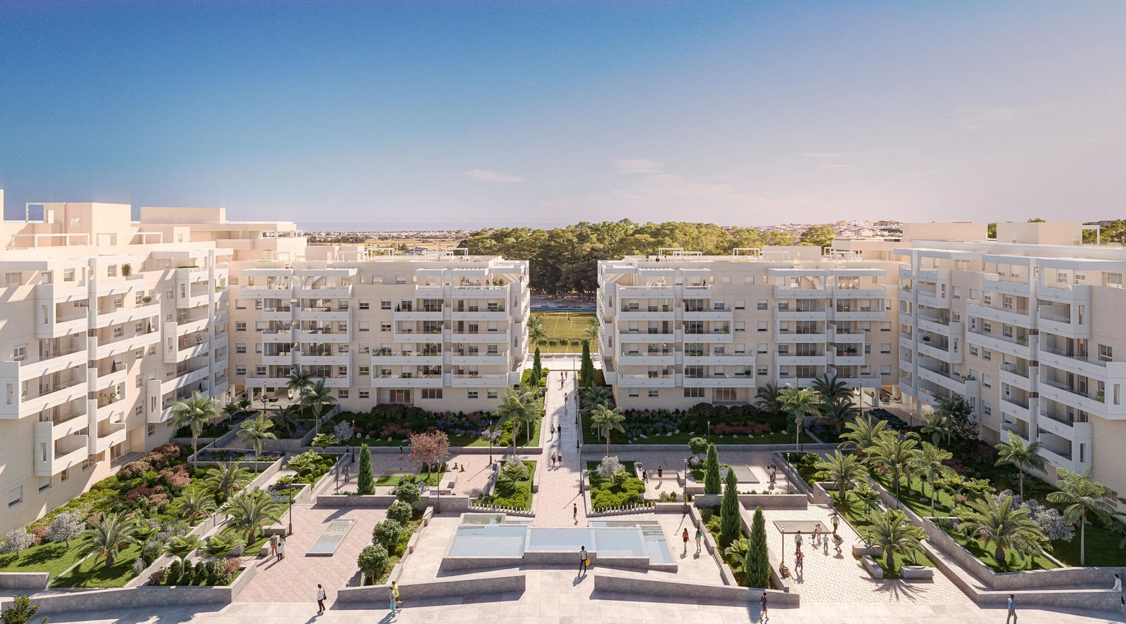 Una vista aérea muestra el hermoso diseño de la urbanización, enclavada entre una exuberante vegetación en la Costa del Sol.