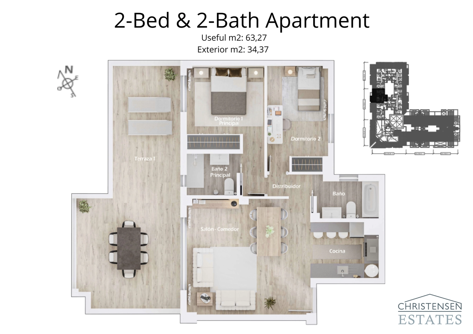 Un diseño de apartamento de dos dormitorios cuidadosamente planeado, que presenta una espaciosa zona de estar que se extiende a una generosa terraza.