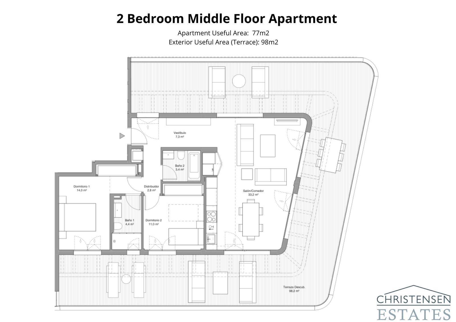 Una distribución de piso de dos dormitorios bien diseñada con una gran terraza envolvente que proporciona un amplio espacio para tomar el sol y cenar.