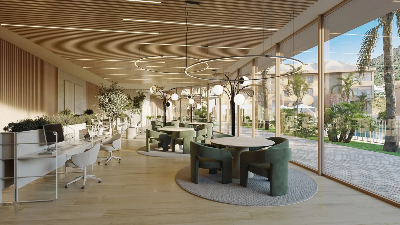 Zona de co-working donde los residentes pueden trabajar, reunirse o relajarse con comodidad.