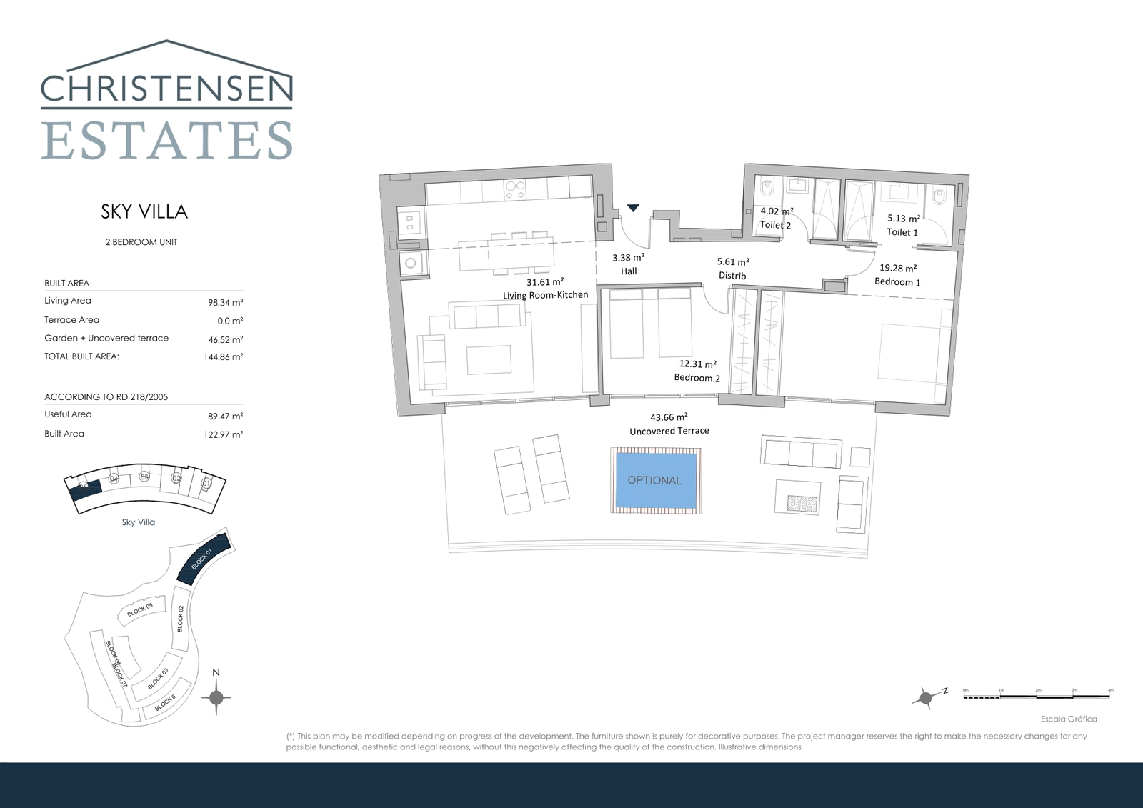 Ático Sky Villa de dos dormitorios – Distribución elegante con una impresionante terraza abierta que ofrece vistas panorámicas al mar de Benalmádena y Fuengirola.