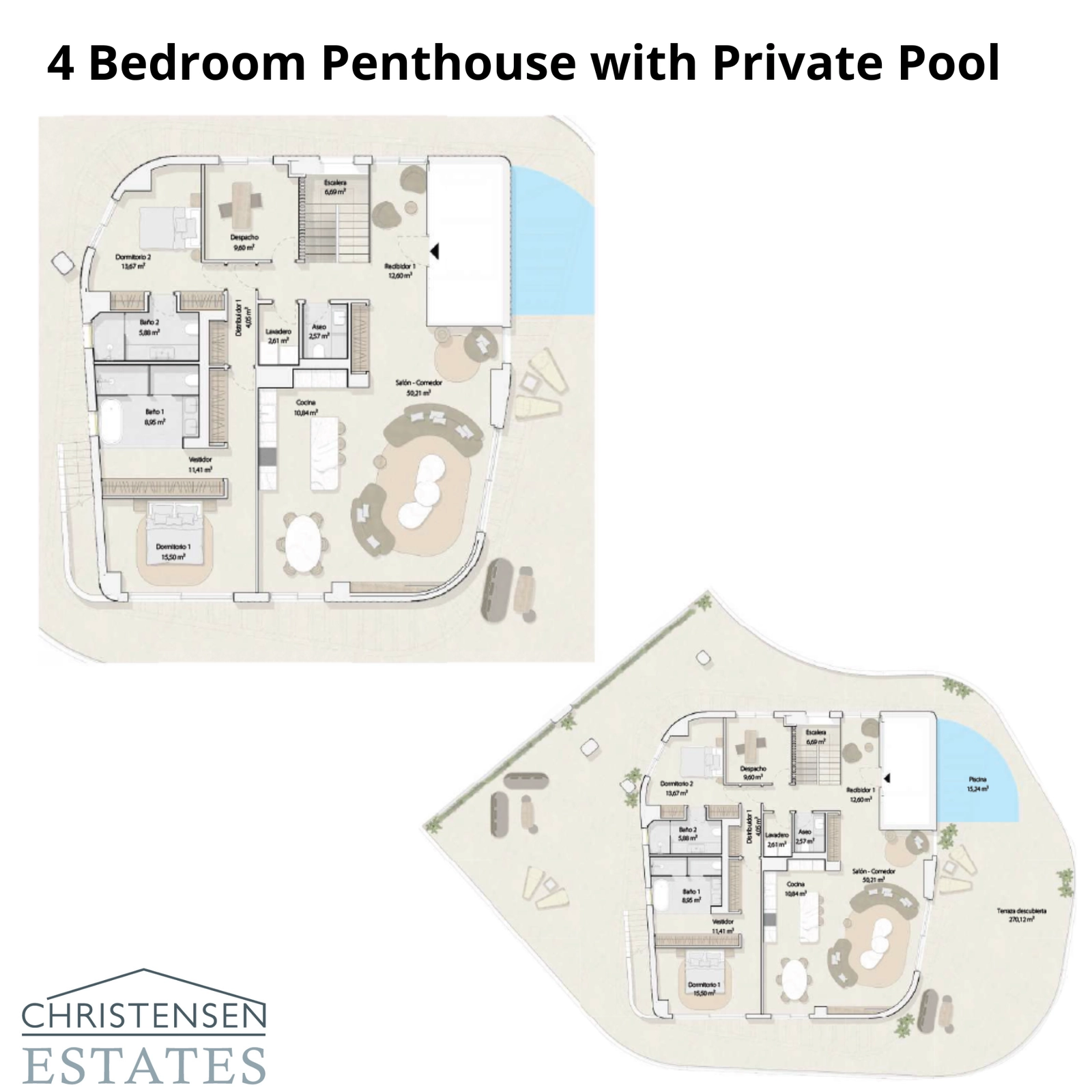 La distribución de un espectacular ático de cuatro dormitorios, que presenta amplias zonas de estar y una exclusiva terraza en la azotea con piscina privada.