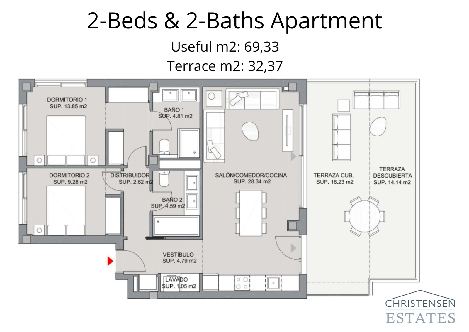 Este diseño de apartamento de dos dormitorios cuenta con una zona de estar de planta abierta que da a una generosa terraza, perfecta para disfrutar de las vistas.