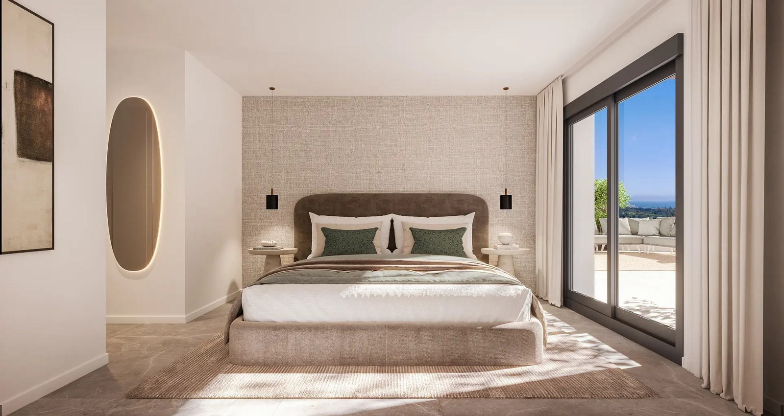 El dormitorio principal es un refugio de paz, con acceso directo a la terraza y una hermosa luz natural.