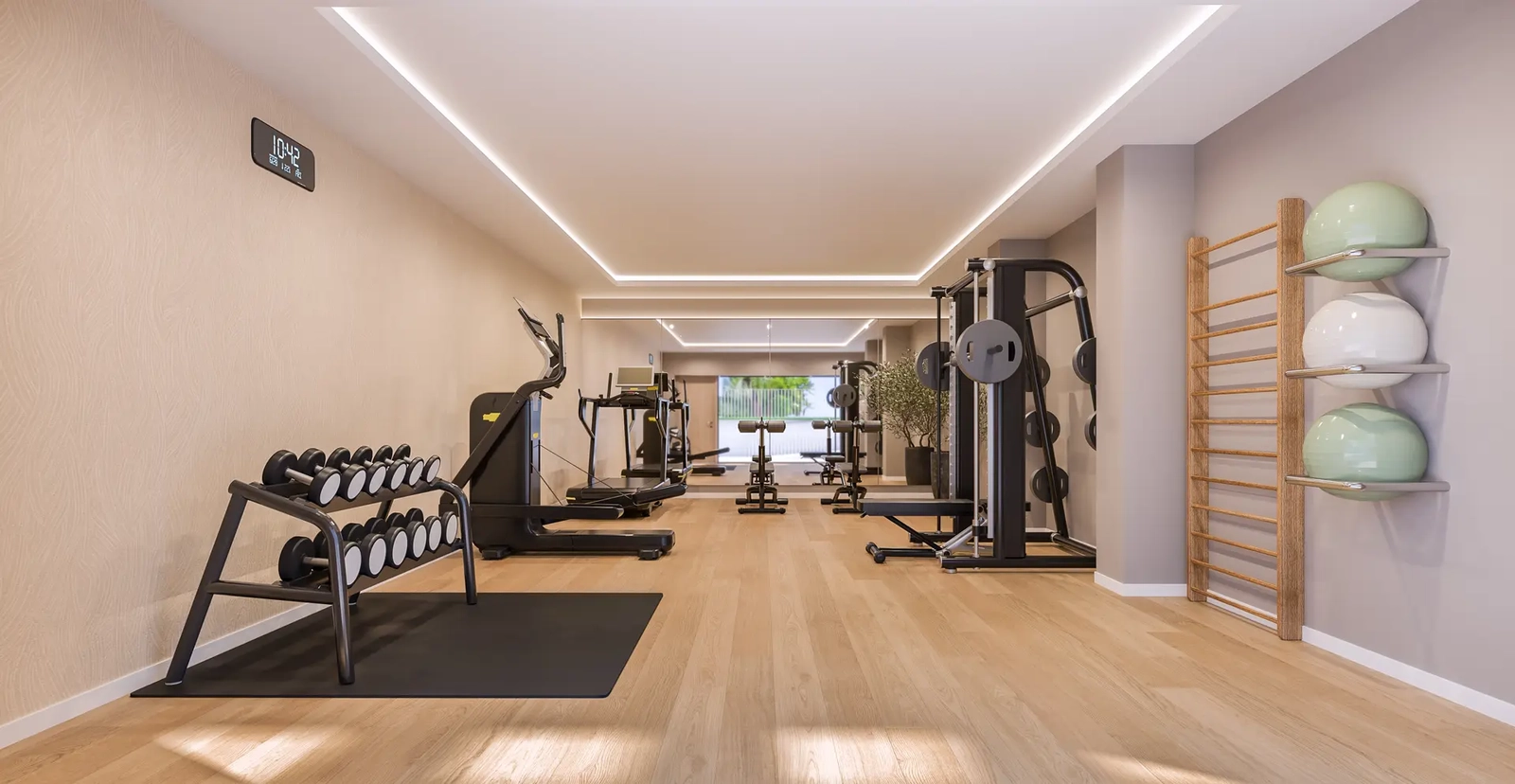Manténgase activo y saludable en el gimnasio totalmente equipado de las instalaciones, disponible exclusivamente para los residentes.