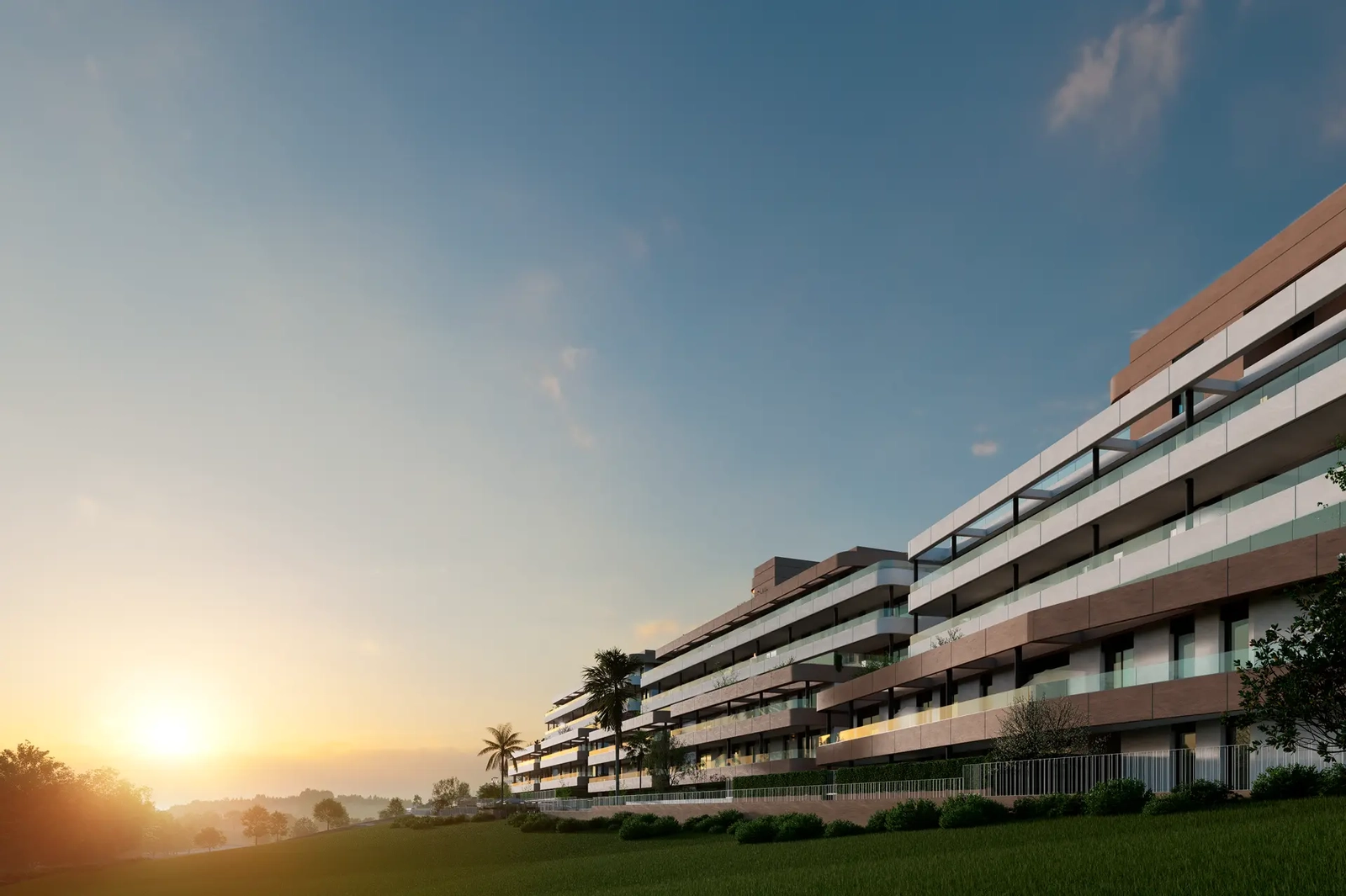 La arquitectura contemporánea de la promoción brilla de forma hermosa durante la hora dorada del atardecer.