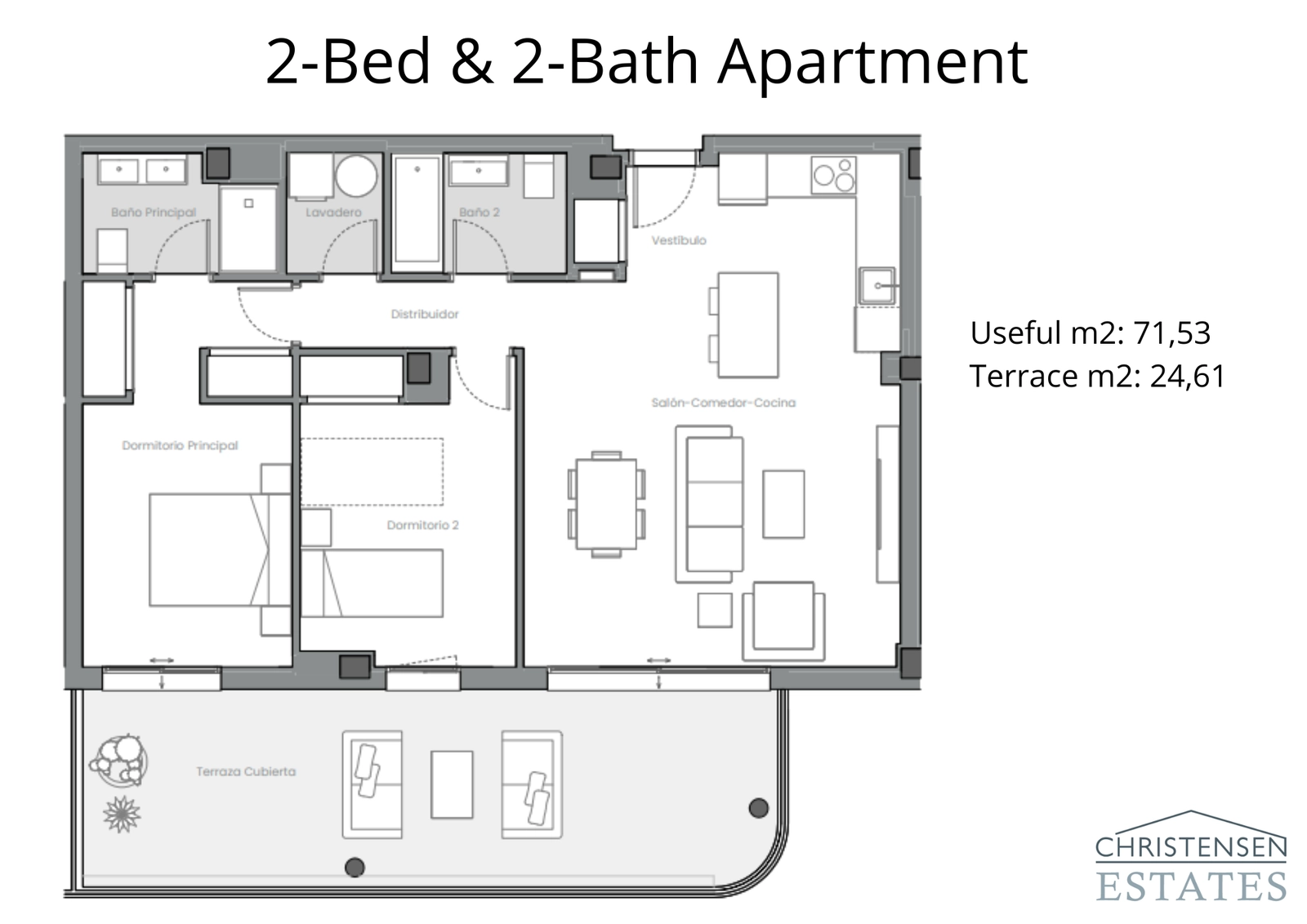 Esta distribución de dos dormitorios está diseñada para la comodidad y la fluidez, presentando una sala de estar abierta que se extiende a una generosa terraza.