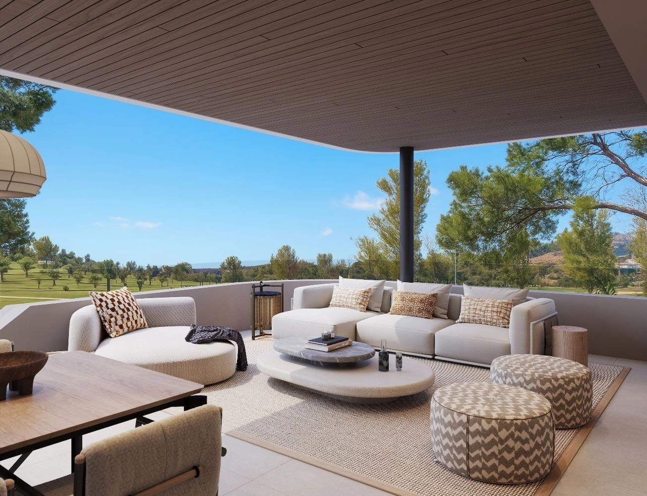 Una amplia terraza privada con serenas vistas al paisaje verde circundante, perfecta para relajarse o entretener.