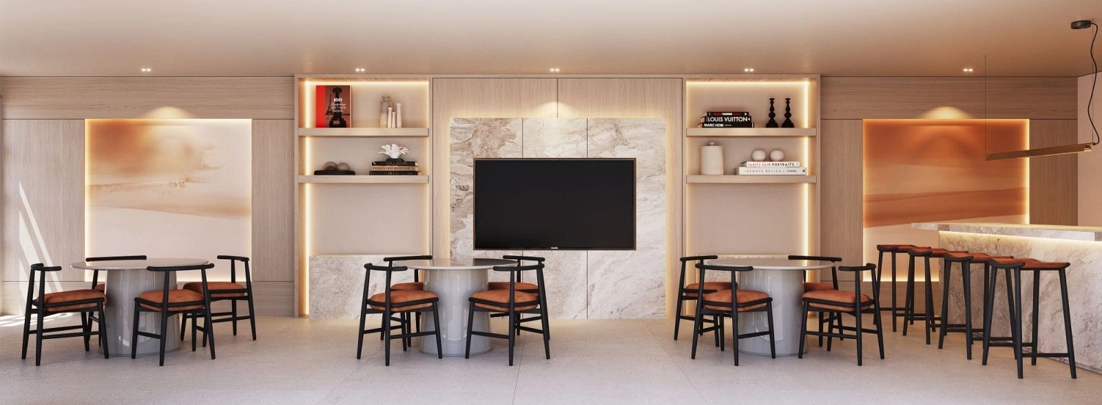 El elegante club gourmet ofrece un sofisticado centro social para que los residentes y sus invitados se reúnan y relajen.