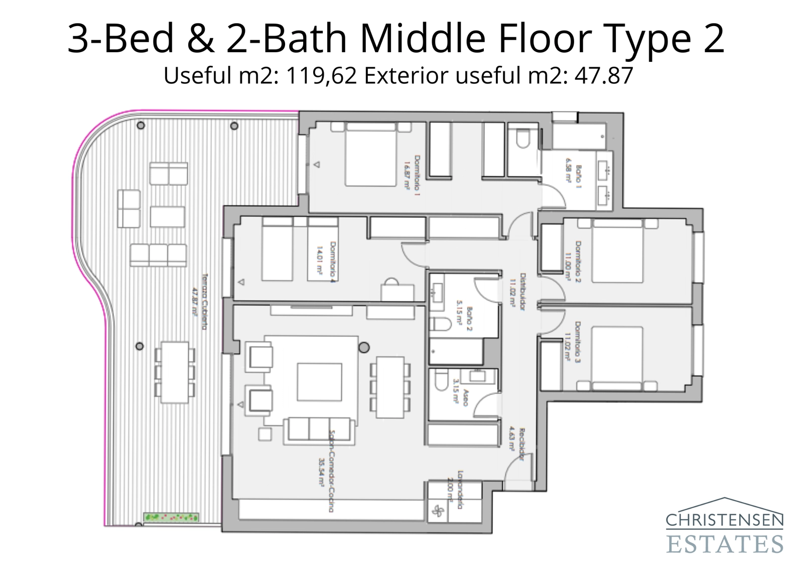 Una espaciosa distribución de apartamento de tres dormitorios, diseñada con una terraza envolvente para maximizar la luz y las vistas.