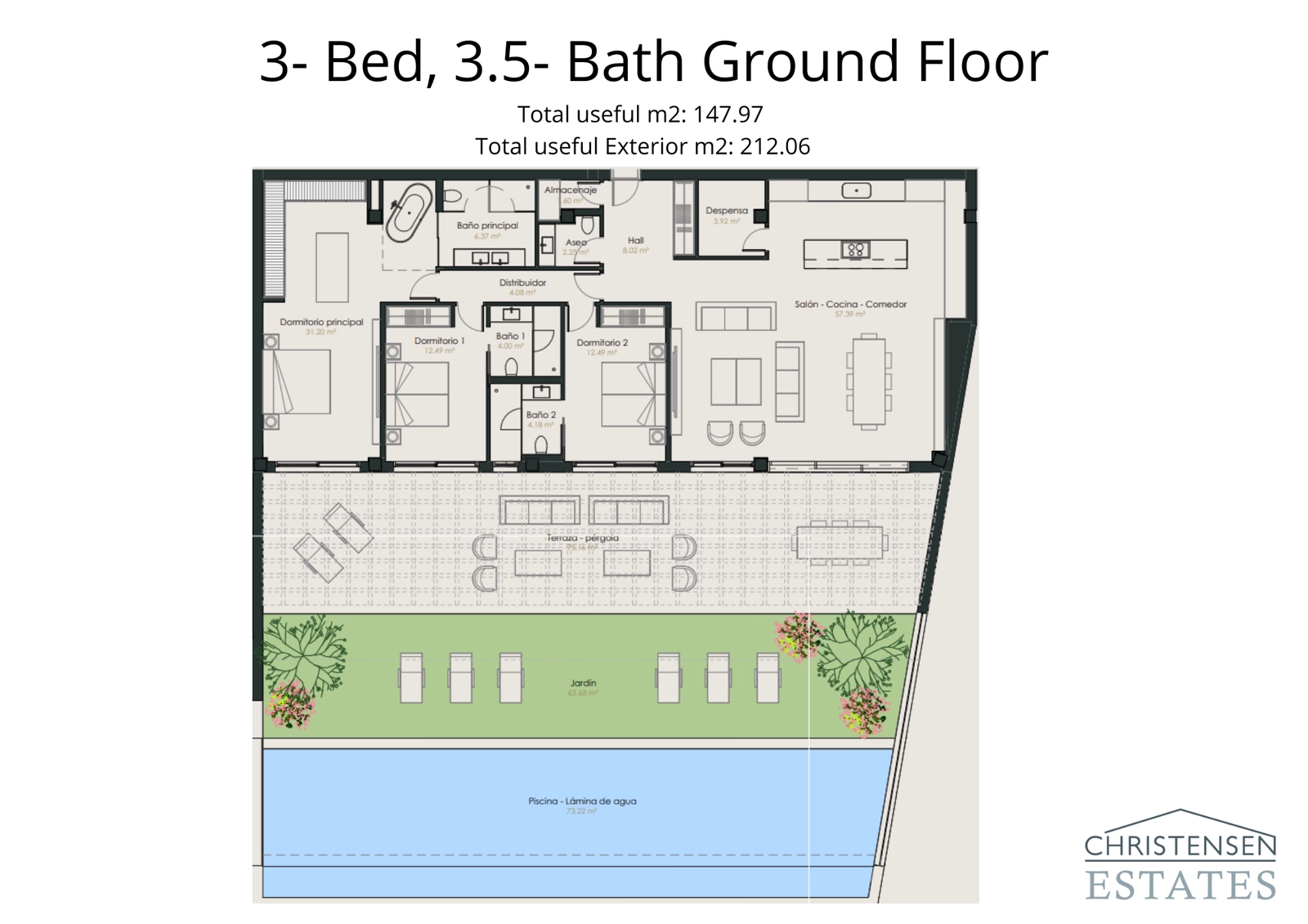 Esta vivienda de tres dormitorios en planta baja conecta espaciosos interiores con una generosa terraza, jardín privado y piscina.