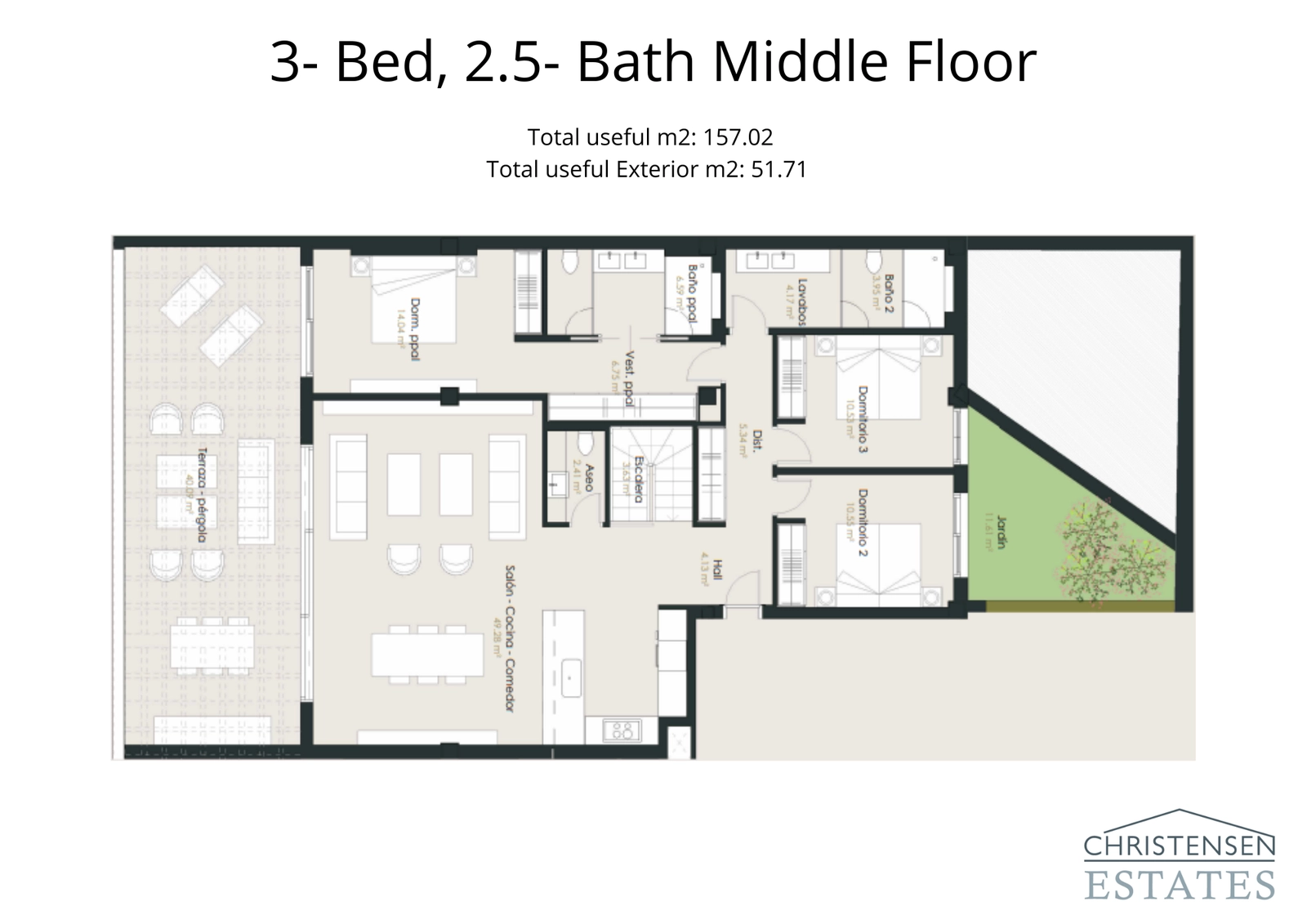 Amplia distribución de tres dormitorios con una gran terraza cubierta que extiende el espacio habitable hacia el exterior. Ideal para la vida familiar.