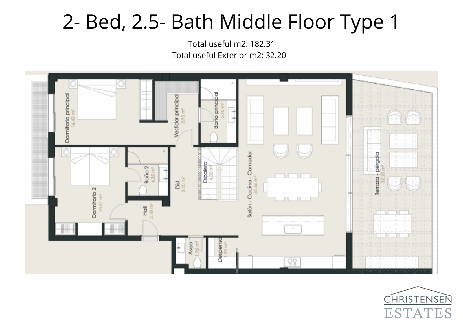 La distribución de este apartamento de dos dormitorios ofrece una generosa zona de estar de concepto abierto que fluye hacia una amplia terraza, perfecta para el ocio.