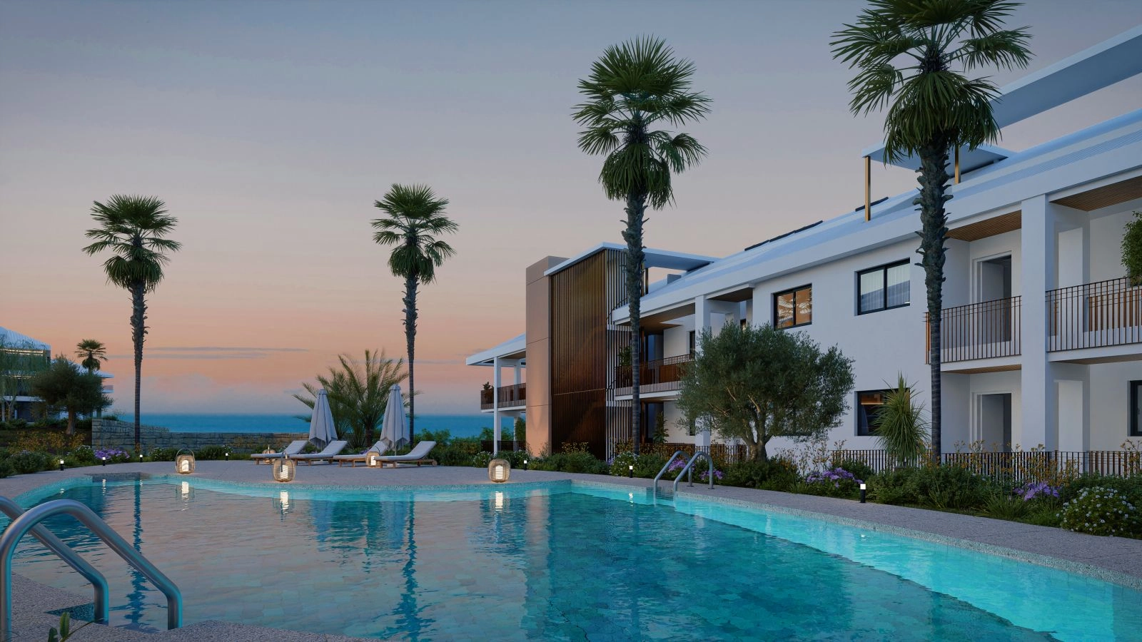 La zona de piscinas comunitarias al anochecer, un lugar perfecto para relajarse y disfrutar de la puesta de sol.