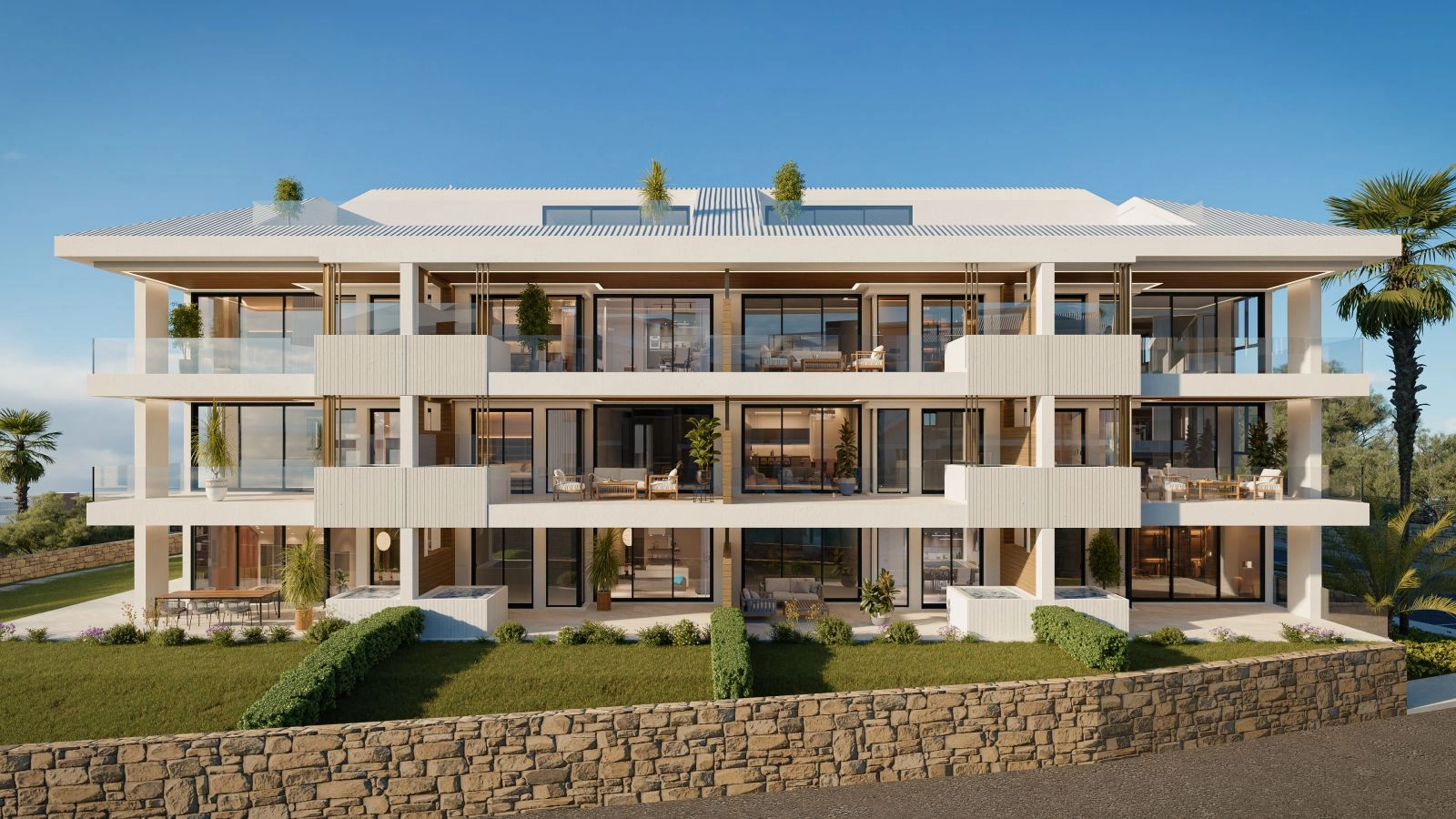 La arquitectura contemporánea de la promoción, diseñada para maximizar las vistas y la luz natural.