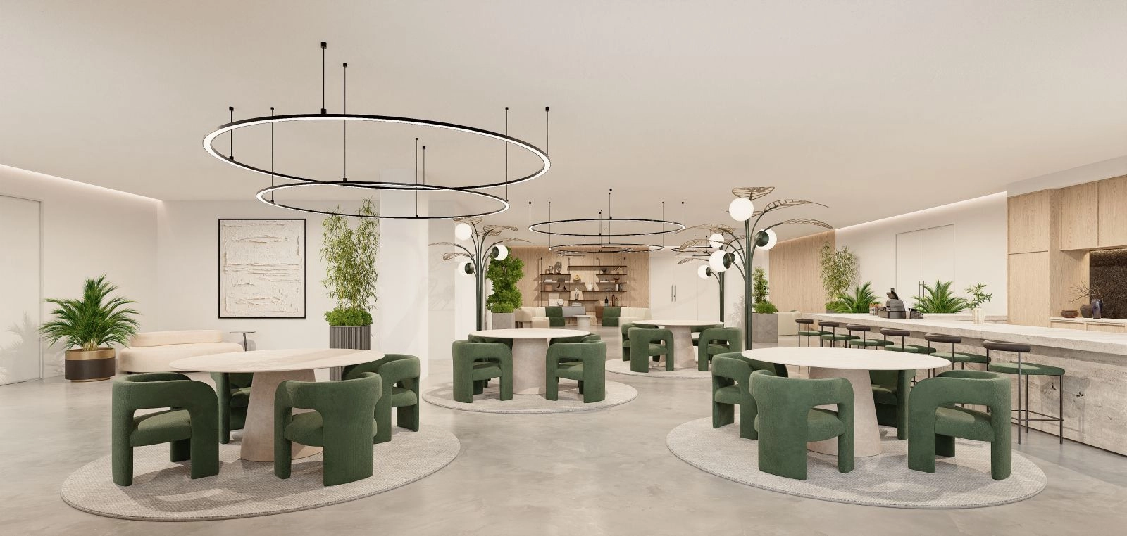 El elegante salón para residentes, un espacio cómodo para socializar o relajarse.