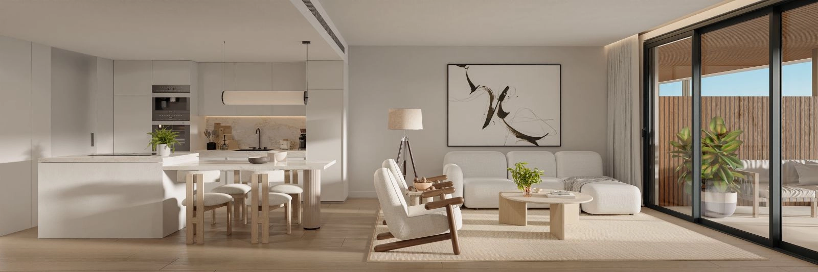 Una cocina contemporánea totalmente equipada, con electrodomésticos de alta calidad y un diseño elegante.